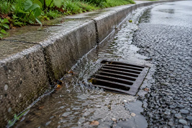 Вода в дорожном водоотводном лотке после дождя