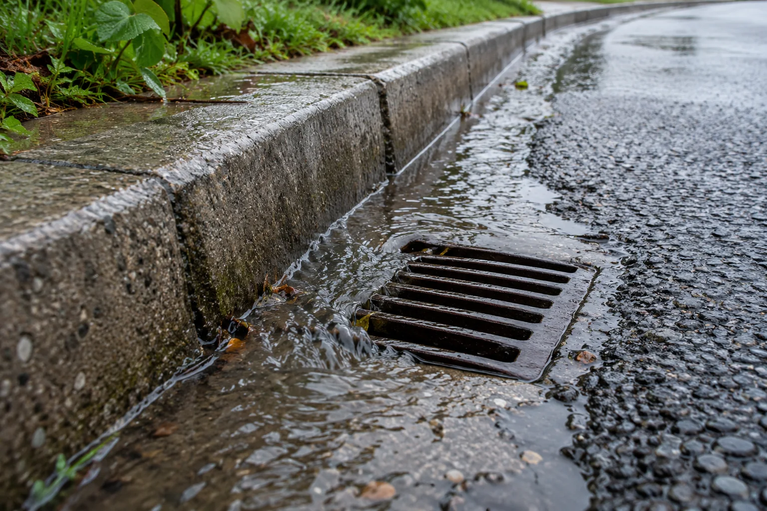 Вода в дорожном водоотводном лотке после дождя